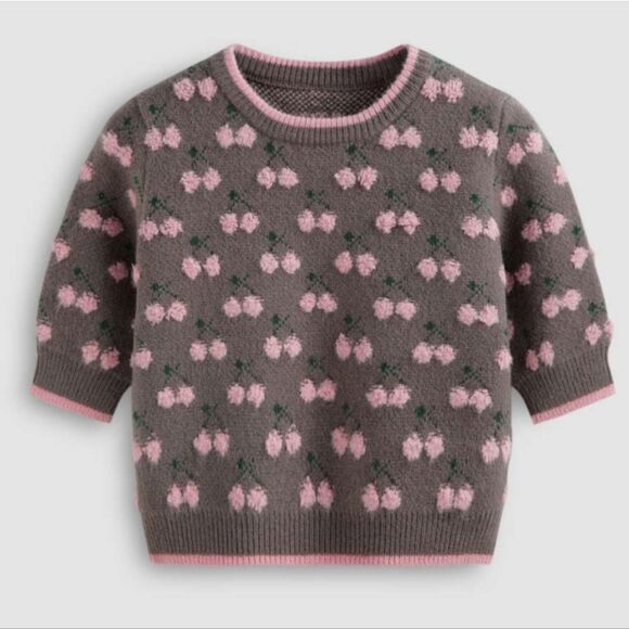 Cider Gray w/Pink Floral Short Sleeve Thick Sweater - Picture 1 of 6